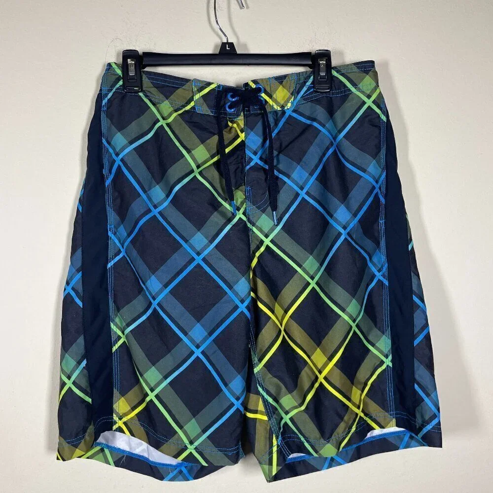 Speedo Men's Blue Black Green Plaid Swim Trunks Beach Summer Medium!